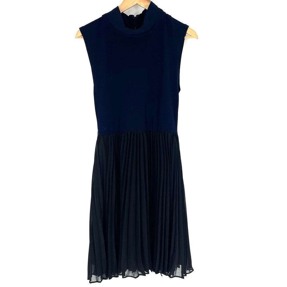 Alice + Olivia Employed Dress Size Small Black Navy Pleated Skirt Mock Neck